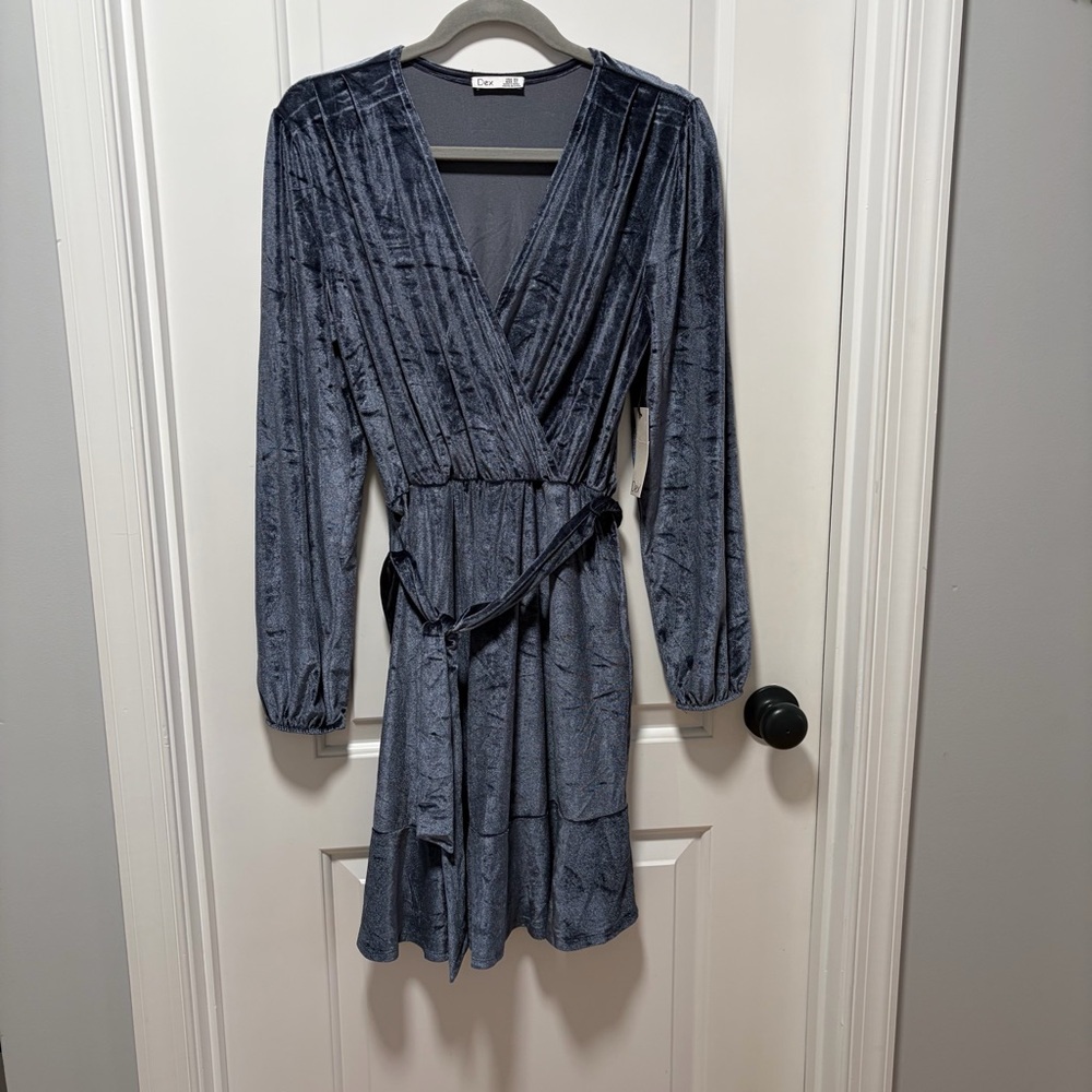 Dex Slate Blue Velvet Faux‎ Wrap Dress NWT size XS Long Sleeve Belted Mini